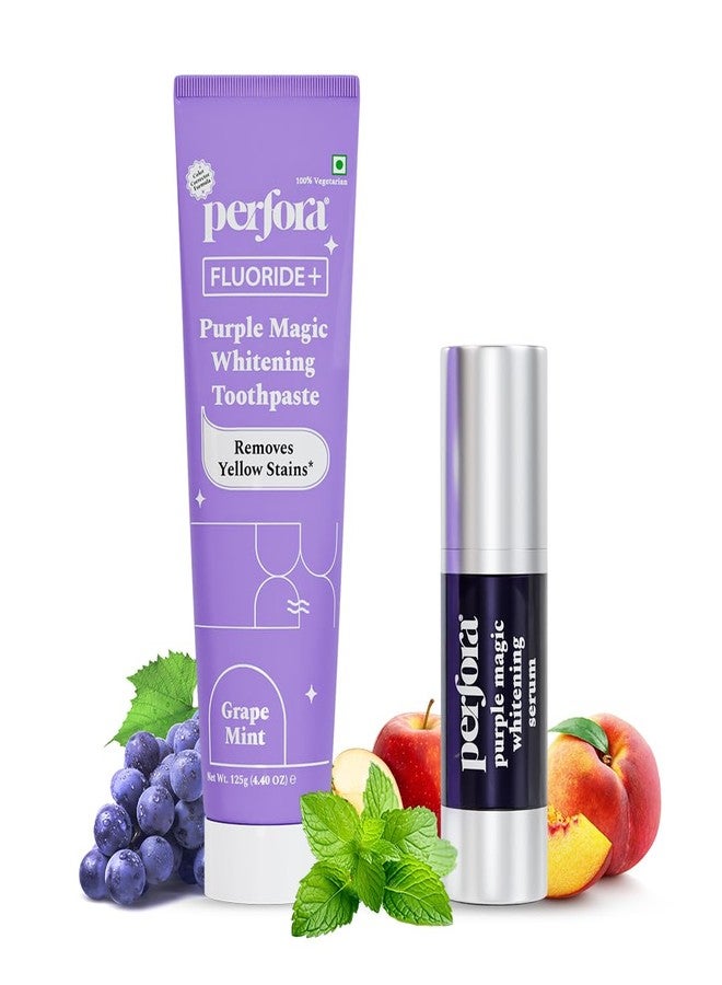 بيرفورا مجموعة بيرفورا لتبييض الأسنان - تُبيض الأسنان من أول استخدام | تركيبة آمنة على المينا وخالية من الحساسية للعناية بالفم وإزالة بقع الأسنان | سيروم بنفسجي - 30 مل ومعجون أسنان بنفسجي - 125 غرام - Image 1